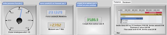 bandeau de resultats Heliciel avec poussee couple et puissance arbre situee par rapport a la limite de Betz