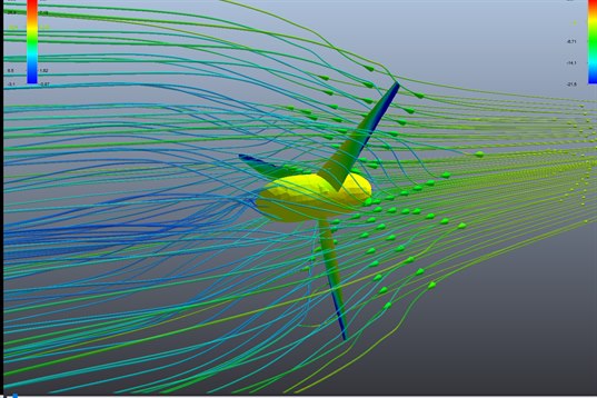 lignes de courant autour d une eolienne tripale avec pressions de surface