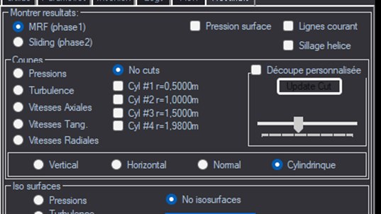panneau de commande des resultats CFD avec coupes iso surfaces et pressions de surface