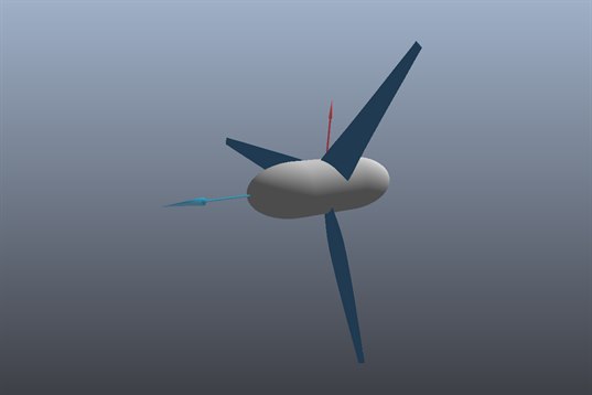 rotor eolien tripale dans le domaine CFD avec le repere des axes et la fleche de flux