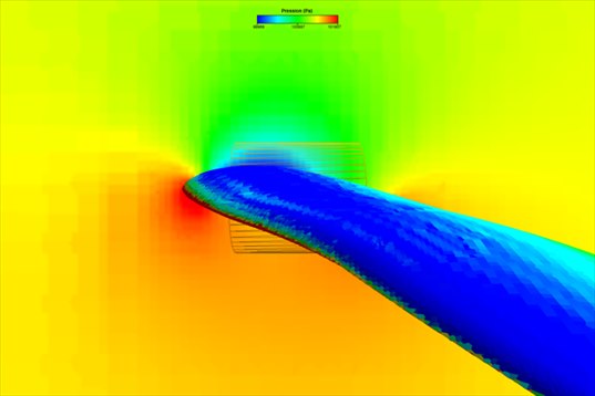 aile CFD : coupe verticale de pression autour du profil, point d arret rouge au bord d attaque, depression verte sur l extrados