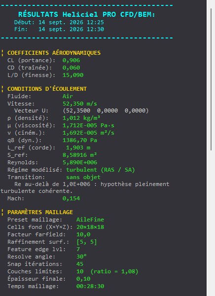 panneau de resultats CFD de l aile : coefficients de portance et de trainee, finesse, conditions d ecoulement