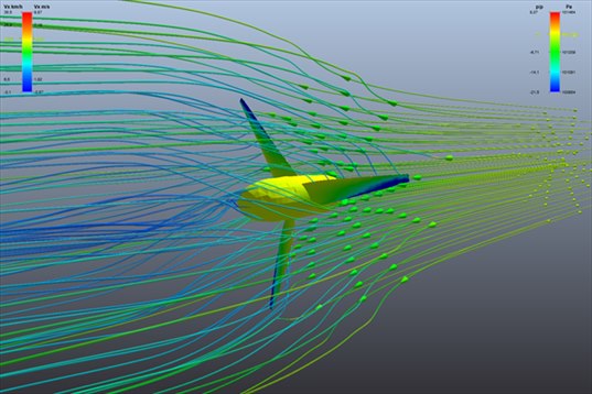 eolienne CFD : pression sur les pales du rotor tripale et lignes de courant qui s ecartent derriere le rotor