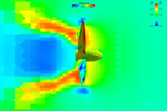 coupe verticale de vitesse d une helice d avion au point fixe : jet annulaire rouge et zone de retour bleue