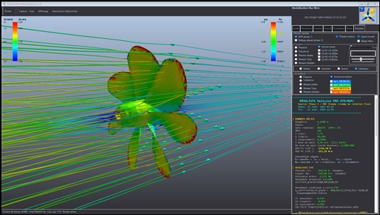 fenetre du banc CFD Heliciel avec la vue 3D de l helice et le panneau de resultats