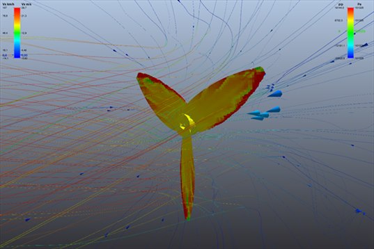 helice drone CFD : pression sur les pales et lignes de courant aspirees, helice 3 pales 5 pouces