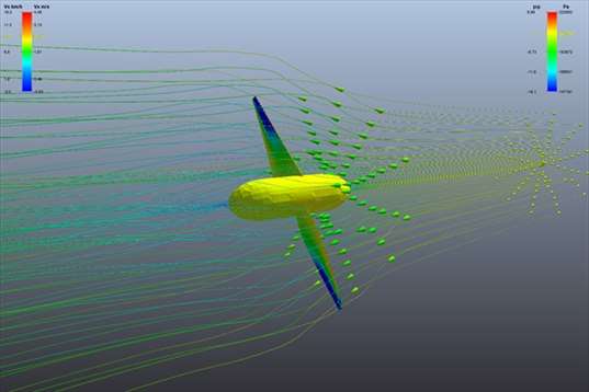 hydrolienne CFD : rotor bipale de 16 m, pression sur les pales et lignes de courant ralenties