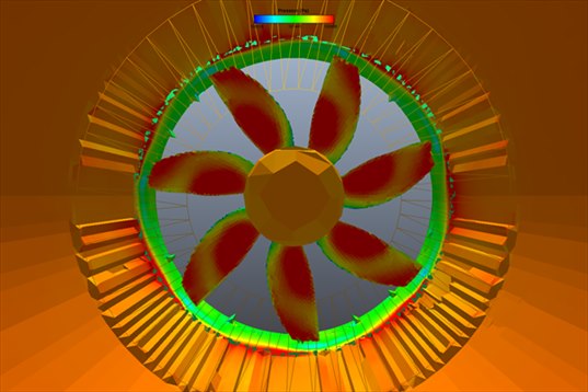 ventilateur carene CFD : 7 pales rouges en surpression dans le carenage, vues de face, ailettes du silencieux autour