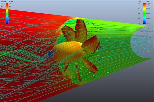 lignes de courant dans un ventilateur en conduit ferme calcule en CFD