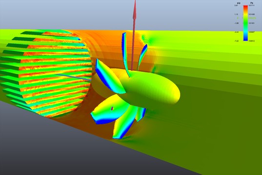 pression de surface sur les pales, le moyeu, les ailettes du radiateur et la paroi d'une gaine de ventilateur en CFD