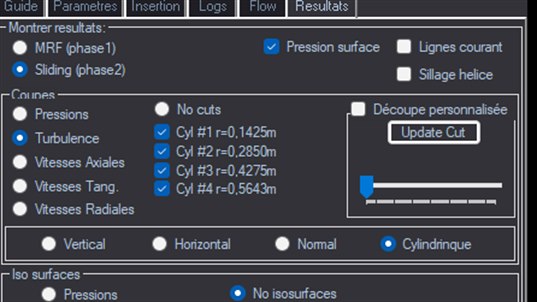 panneau de commande des resultats CFD avec coupes iso surfaces et pressions de surface