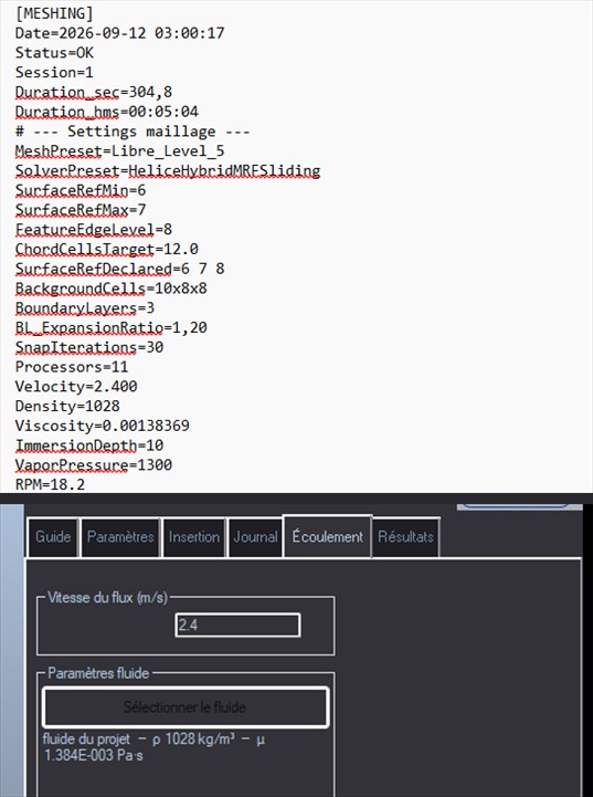 fichier heliciel_benchmark.txt ouvert dans un editeur de texte au dessus de l onglet Ecoulement
