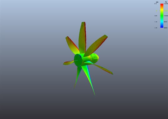 carte de pression sur les sept pales de l'hélice dans le viewer 3D d'Heliciel PRO CFD