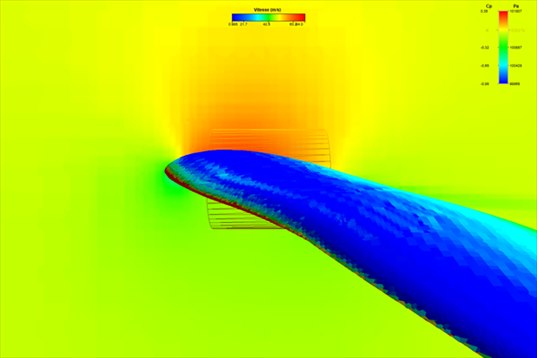 vertical velocity cut around a wing profile: red acceleration over the upper surface
