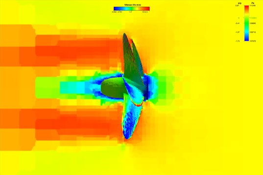 vertical cut of axial velocity around a boat propeller: accelerated jet downstream