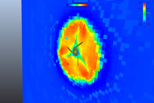 cut normal to the flow behind a drone propeller: jet disc with the footprint of the three blades