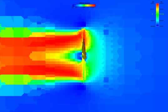 vertical velocity cut around a drone propeller in hover: concentrated air jet behind the rotor