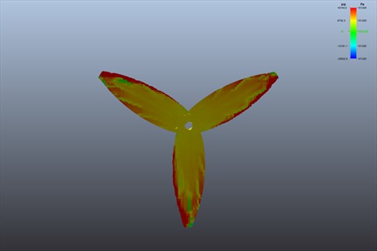 lower face of the blades of a drone propeller: orange and red overpressure