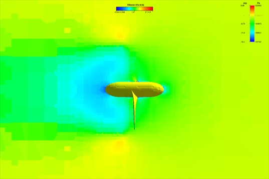 vertical cut of current speed around a tidal turbine: blue slowed wake downstream