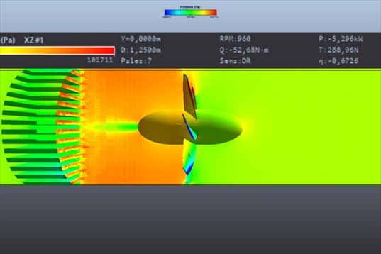 ducted fan CFD: vertical pressure cut, pressure jump at the fan then drop through the radiator