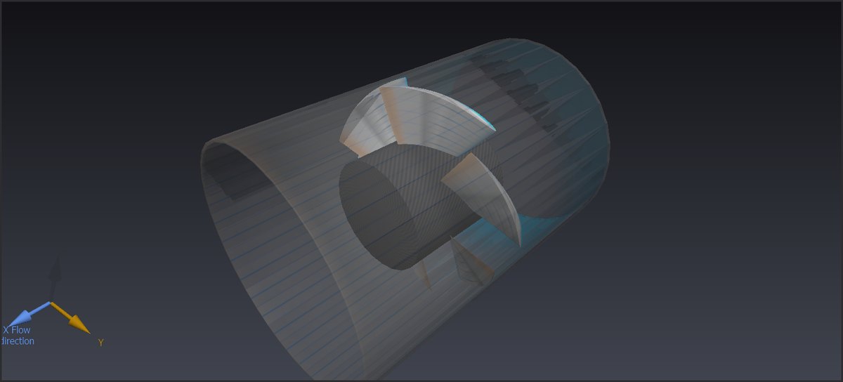 238 mm micro Kaplan turbine runner with 6 blades in 3D in Heliciel, three-quarter view inside its transparent penstock