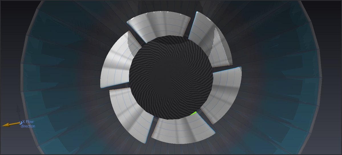 Micro Kaplan turbine seen along the axis in Heliciel: the 6 blades cover the annular section, leaving only narrow slots