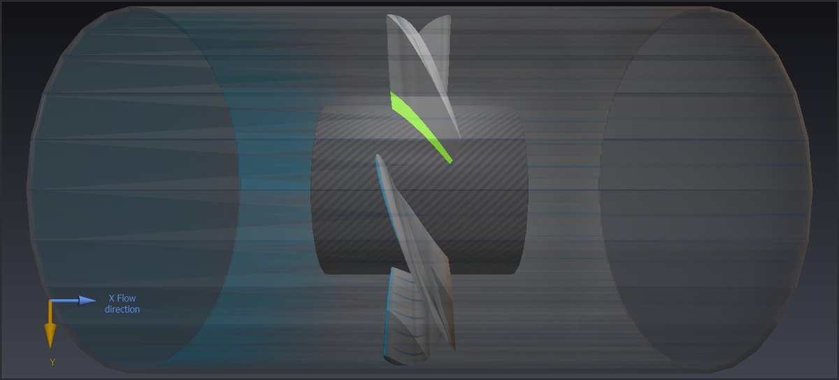 Micro Kaplan turbine side view inside its penstock in Heliciel: blade twist from 34.6° at the root to 20.7° at the tip