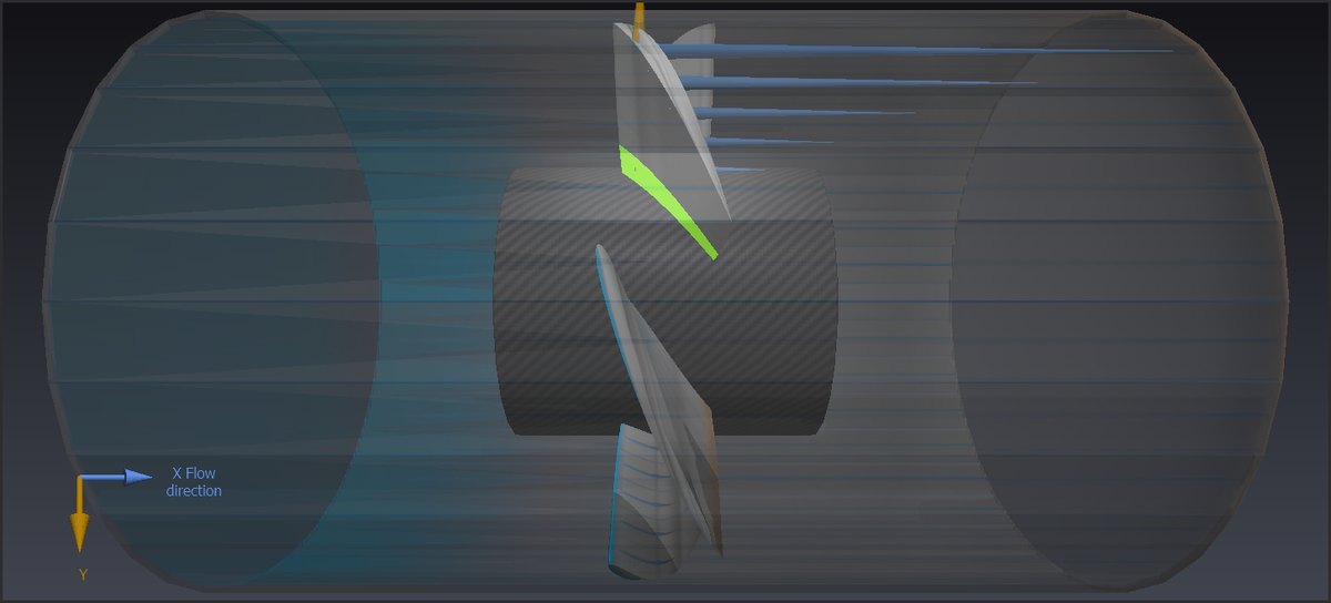 Axial thrust per blade element of the micro Kaplan turbine in 3D in Heliciel: arrows pointing downstream