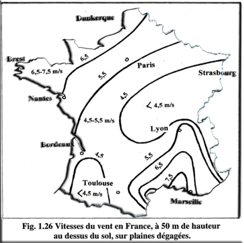 Map of wind speeds in France at 50 m height over open plains, from under 4.5 m/s to 7.5 m/s (French-language map)