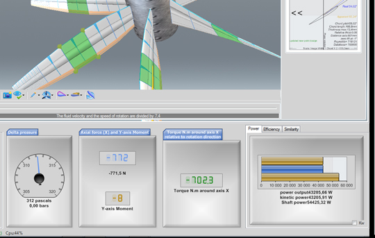 Pressures, torque, thrust, power and efficiency are given here for the propeller or the wing