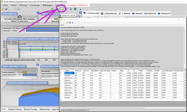 Opening the Heliciel calculation notes editor for a propeller study: calculation notes with a results table per blade element