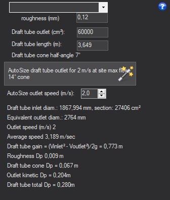 The block in the Hydro Turbine design window, with its help icon : Sizing the draft tube and reading its balance