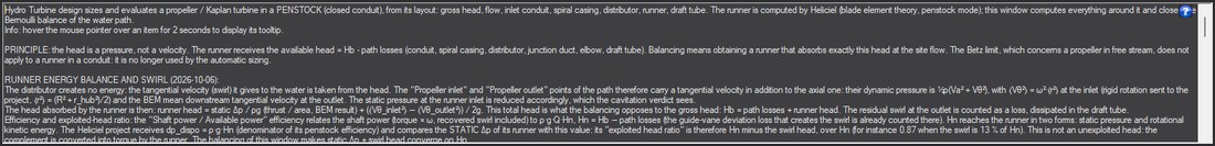 The block in the Hydro Turbine design window, with its help icon : Calculation method and Errors tab