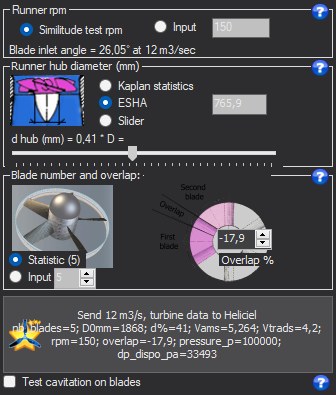 The block in the Hydro Turbine design window, with its help icon : Sending the turbine to the Heliciel project and testing cavitation