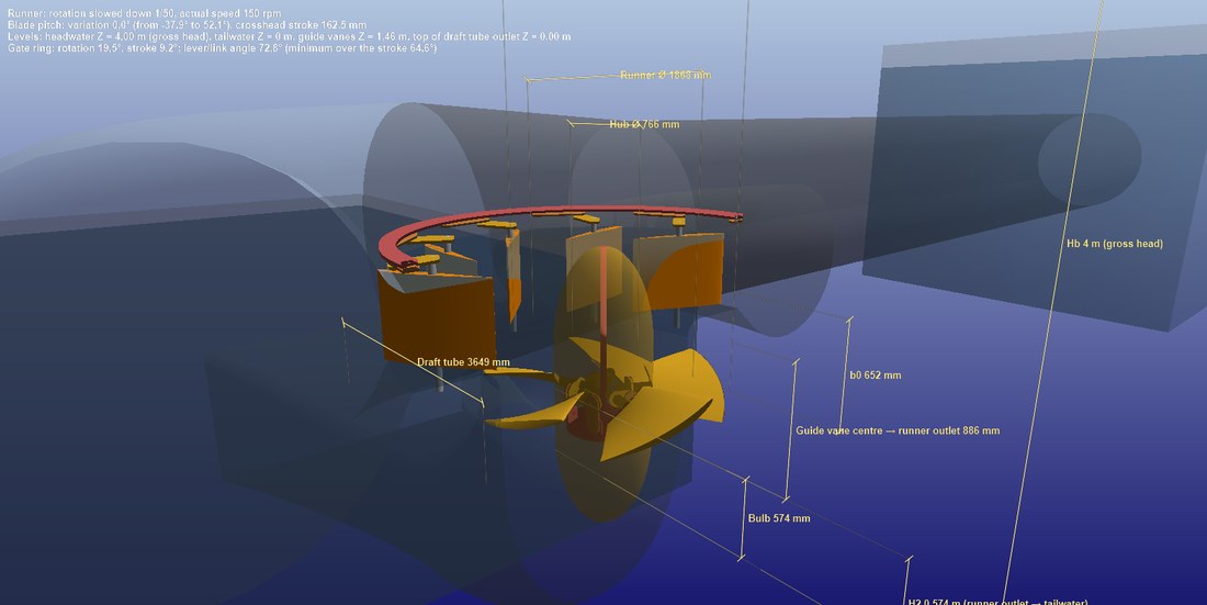 The runner in dimensioned cut: runner diameter and hub diameter.