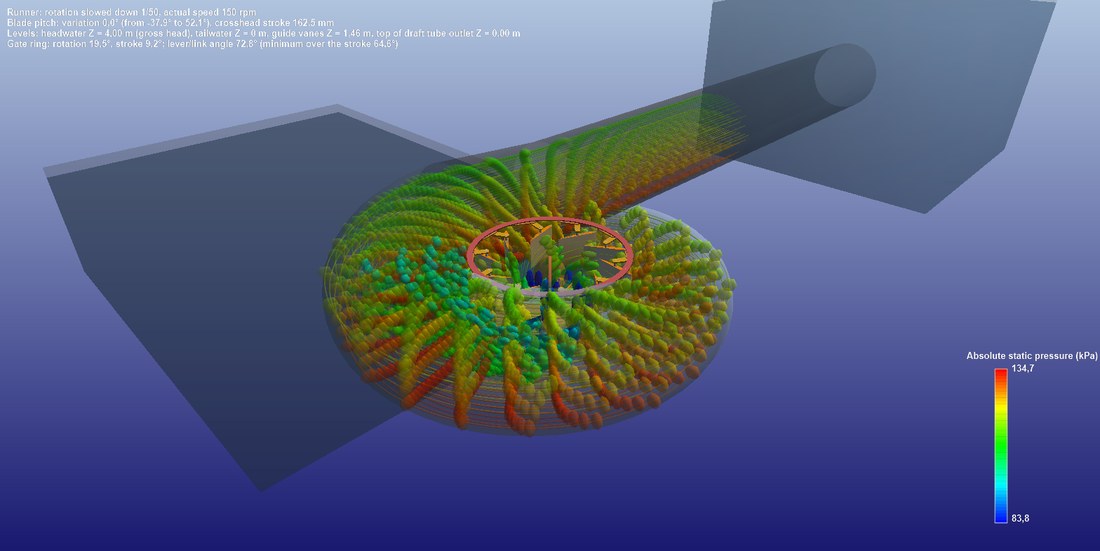 Trajectories coloured by absolute static pressure.