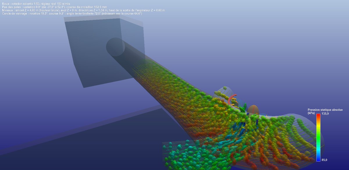 Heliciel three-quarter 3D cut of a Kaplan turbine, fluid trajectories coloured by static pressure from the casing to the draft tube