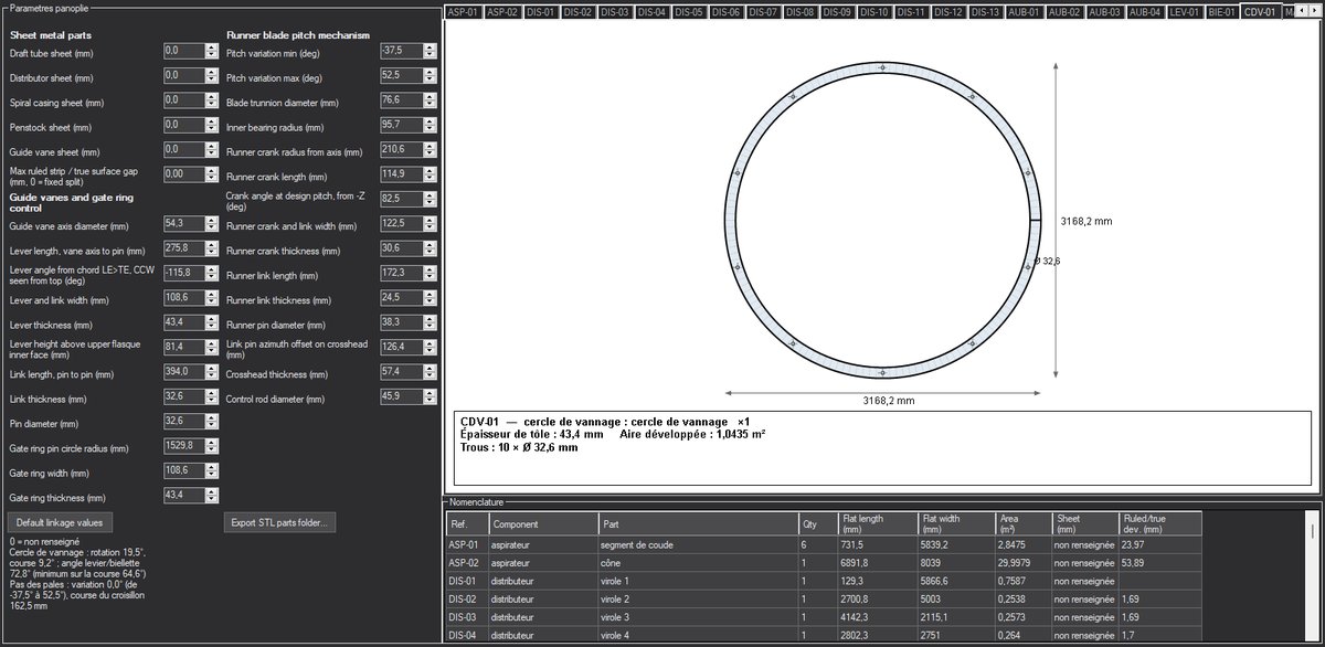 Dimensioned drawing of the gate ring of a Kaplan turbine in Heliciel: 3168 mm ring drilled with ten holes for the links