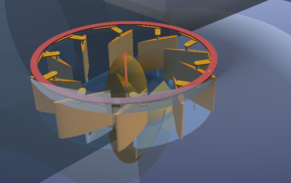 3D close-up of the pitch variation mechanism and gate ring of a Kaplan turbine in Heliciel