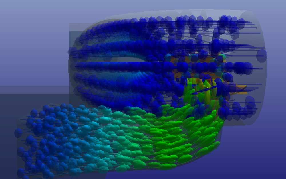 Front vertical 3D cut of a Kaplan turbine in Heliciel: water particles in the casing, the runner and the elbow draft tube