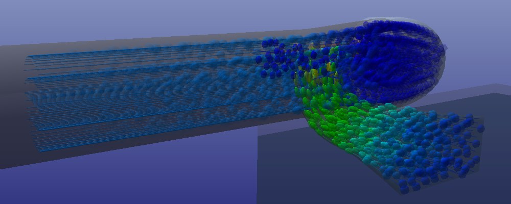 Elbow draft tube with rectangular outlet of a Kaplan turbine in Heliciel, water trajectories and tailwater