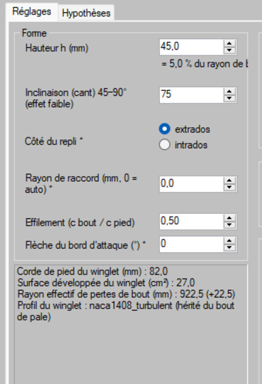 Settings tab of the winglet, Shape group