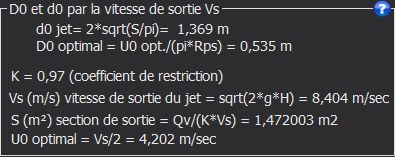 Le bloc dans la fenêtre Hydro Turbine design, avec son picto d'aide : Pelton : diamètre de roue et de jet par la vitesse du jet