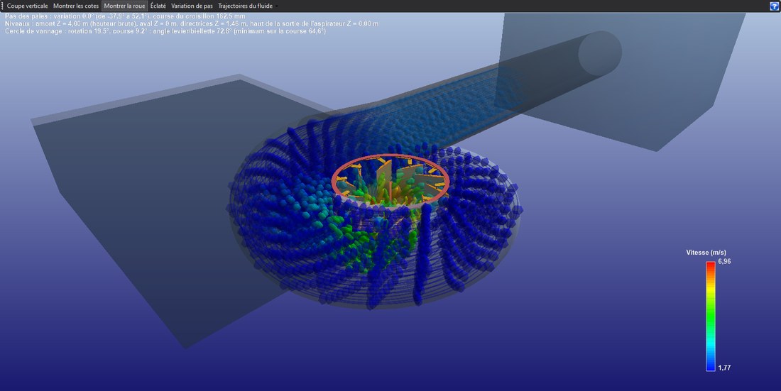 Le bloc dans la fenêtre Hydro Turbine design, avec son picto d'aide : Conception 3D : coupe, cotes, éclaté, variation de pas, trajectoires