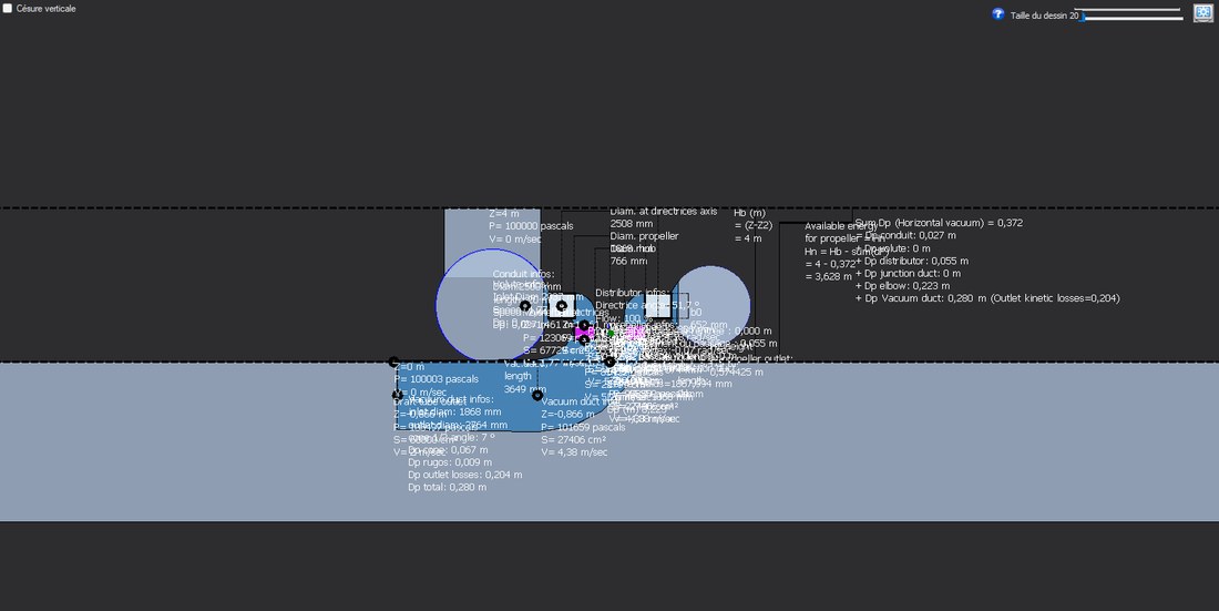 Le bloc dans la fenêtre Hydro Turbine design, avec son picto d'aide : Vue verticale : niveaux, roue et aspirateur