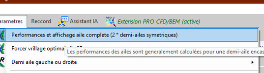 option aile complete cochee dans le menu Parametres