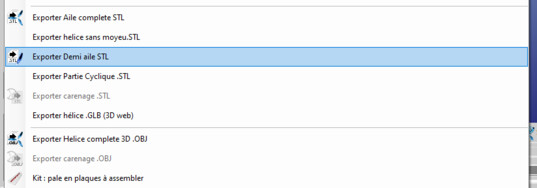 sous-menu d export aile gauche droite ou complete