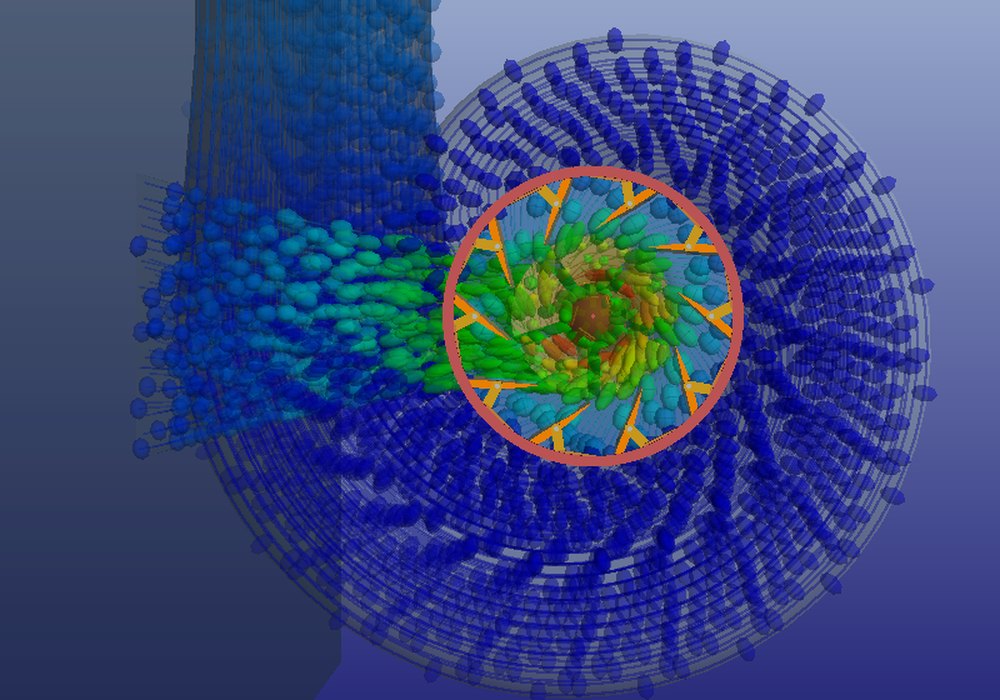 Gros plan 3D Heliciel vu de dessus sur le distributeur d'une turbine Kaplan : directrices, cercle de vannage et particules d'eau colorées par la vitesse