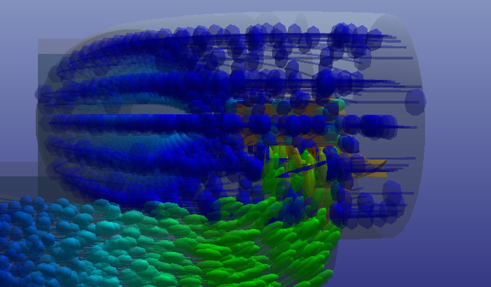Roue Kaplan en coupe 3D dans Heliciel : pales, moyeu, directrices et particules d'eau qui descendent vers l'aspirateur