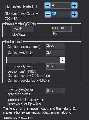 Panneau Implantation de Hydro Turbine design : chute brute, débit, conduite forcée et hauteur H2